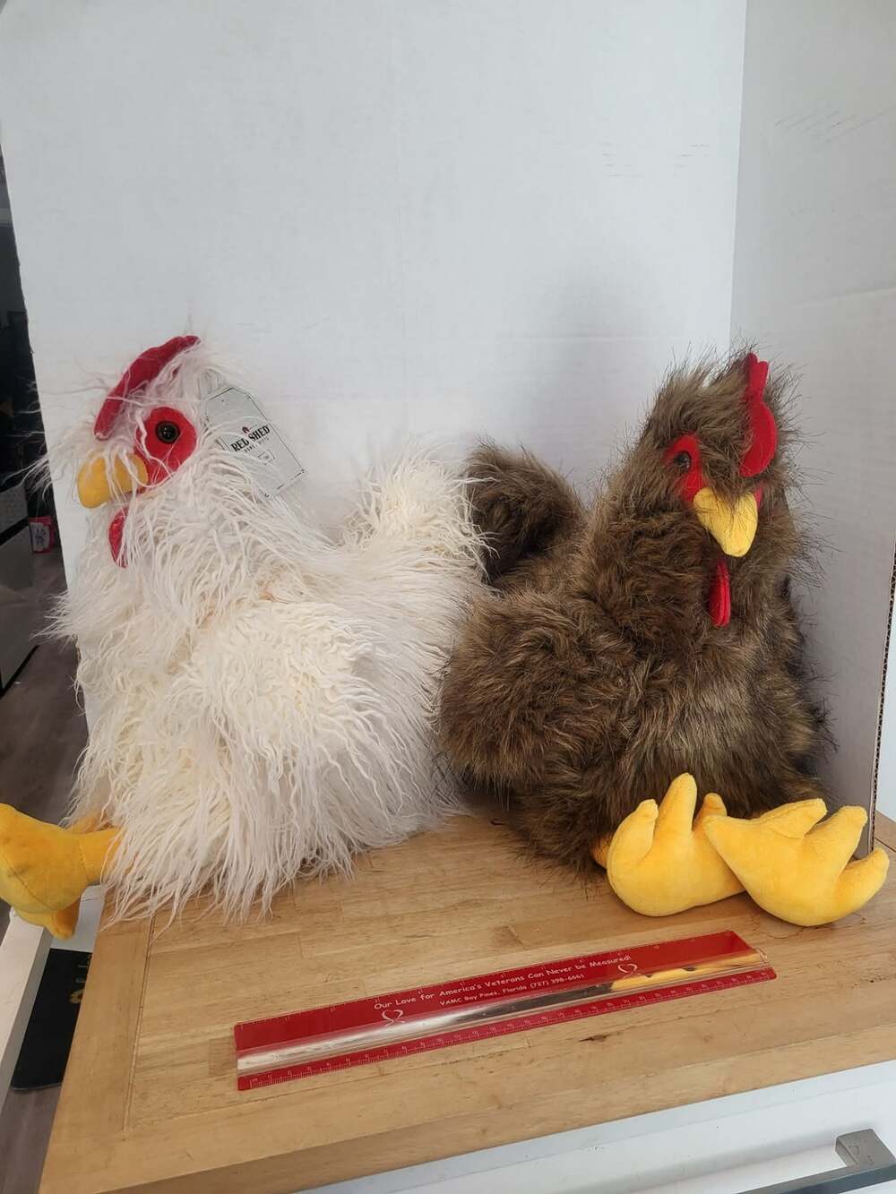 Red Shed new Furry stuffie stuffed animals disply roosters set of 2